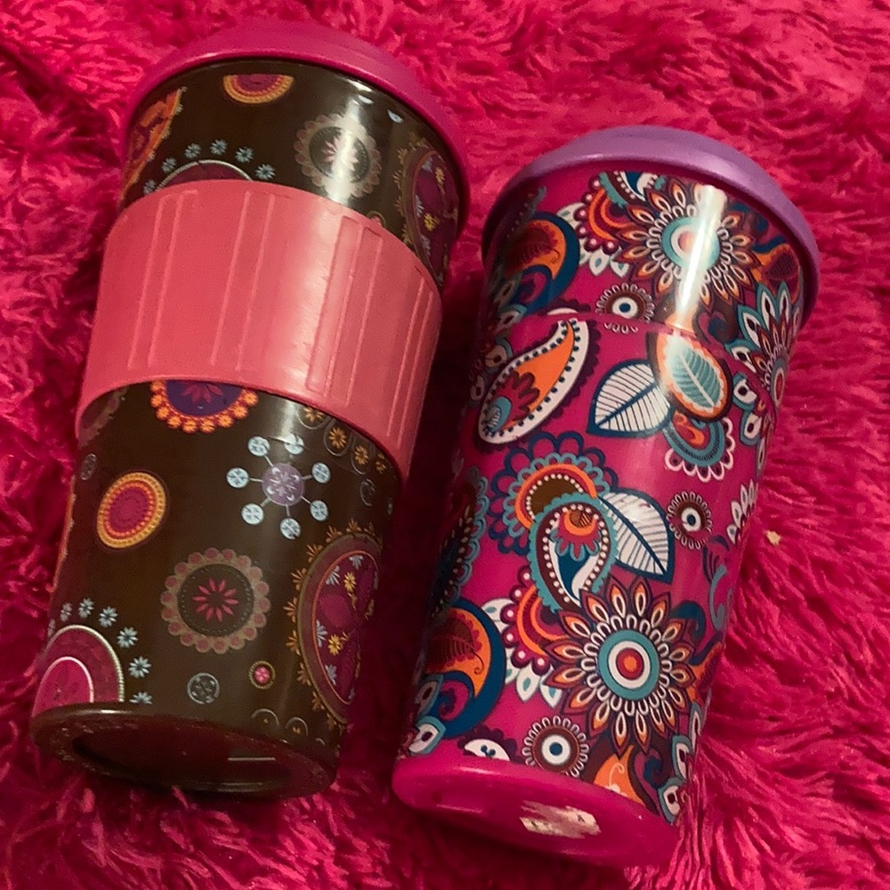 2 Traveling Coffee Tumbler Mugs! Brown/Pink & Pink/Purple Flower  🌸 Designs!